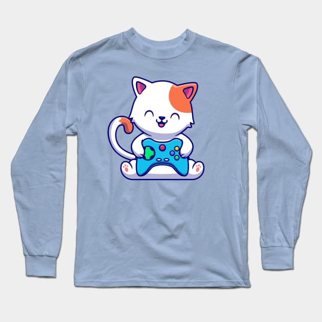 Cute Cat Gaming With Game Console Long Sleeve T-Shirt by Catalyst Labs